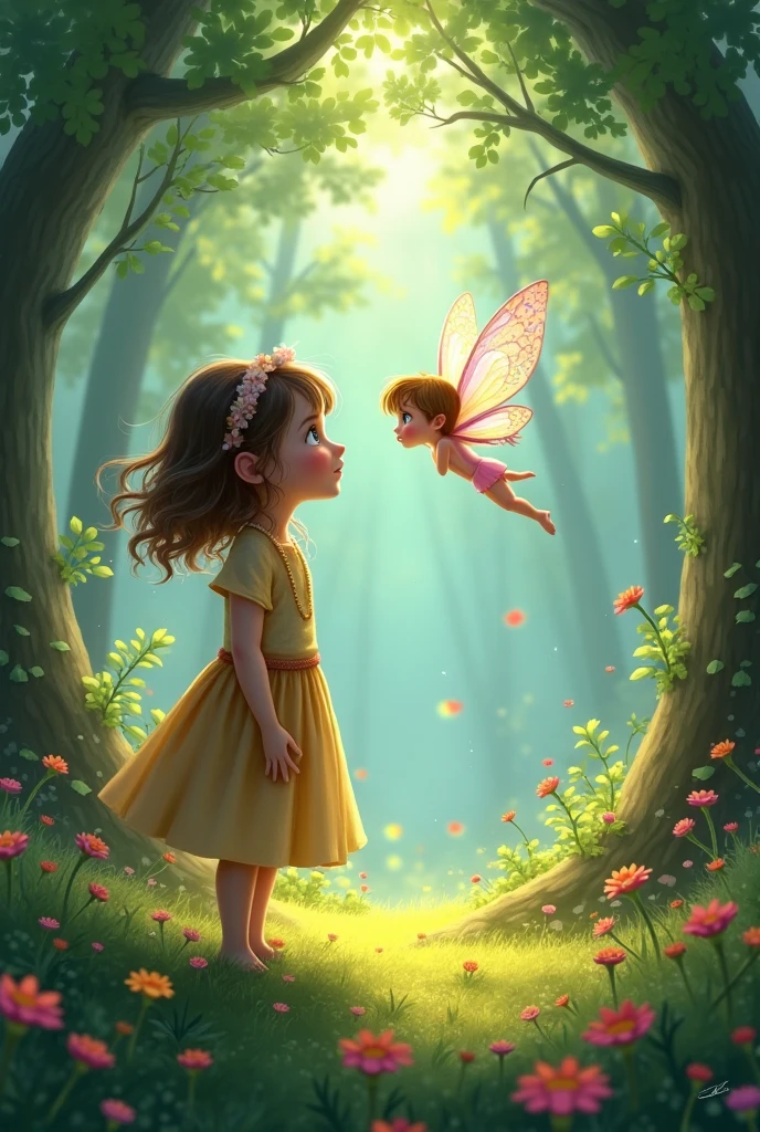 A tiny fairy with iridescent wings, hovering above a flower, talking to a surprised . The garden is filled with sparkling dust and magical light., purple theme