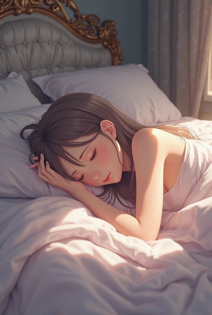 A peaceful nighttime scene featuring a woman gently falling asleep while listening to calming music. The woman is lying on a cozy bed with soft pillows and a warm blanket, surrounded by a serene, dimly lit bedroom. Her expression is calm and content, as if she is drifting into a deep, restful sleep. She wears comfortable sleepwear, and a soft glow from a nearby lamp casts a gentle light across the room. The ambiance is enhanced by subtle, soothing colors and soft shadows, creating an atmosphere of tranquility and relaxation.