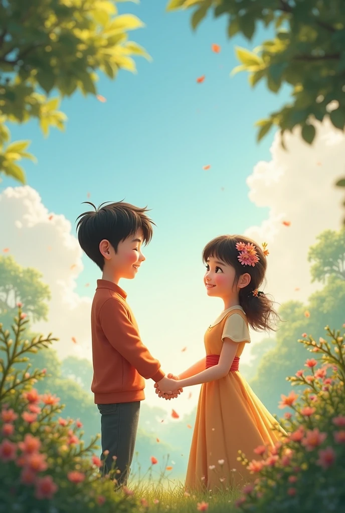 A girl is sitting on the ground and the boy is standing holding her hand and the girl is looking into the boy's eyes and the boy is also looking into her eyes, the boy is smiling and the boy has a bottle of Bisleri in his hand, both are in the field of the house, in the background of the field there are all kinds of flowers and trees, the sky is blue and there are cloudA girl is sitting on the ground and the boy is holding her hand and is standing and the girl is looking into the boy's eyes and the boy is also looking into her eyes, the boy is smiling and the boy has a bottle of Bisleri in his other hand, both are in the field of the house, in the background of the field there are all kinds of flowers and trees, the sky is blue and there are clouds toos tooA young girl is sitting on the ground and a young boy is standing holding her hand and the girl is looking into the boy's eyes and the boy is also looking into her eyes, the boy is smiling and the boy has a bottle of Bisleri in his other hand, both are in the field of the house, in the background of the field there are all kinds of flowers and trees, the sky is blue and there are clouds too