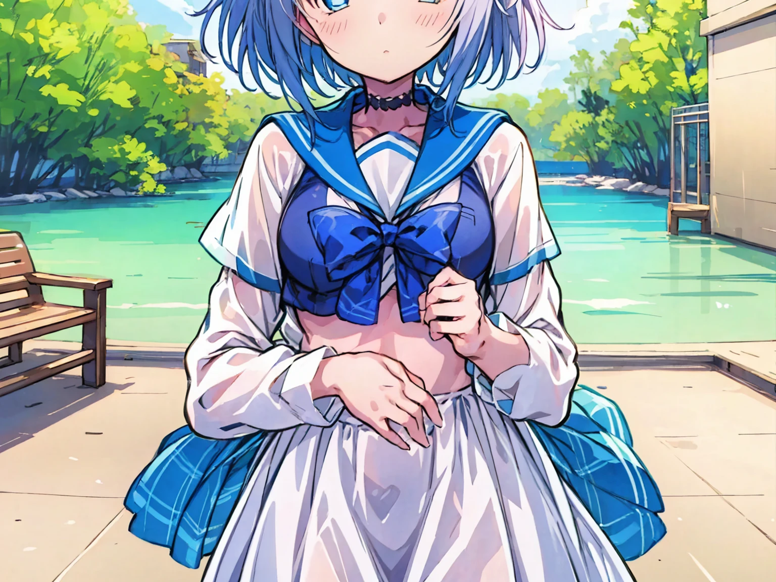 one girl, elf, pure. naive, cute, blue hair, innocent, cowboy shot