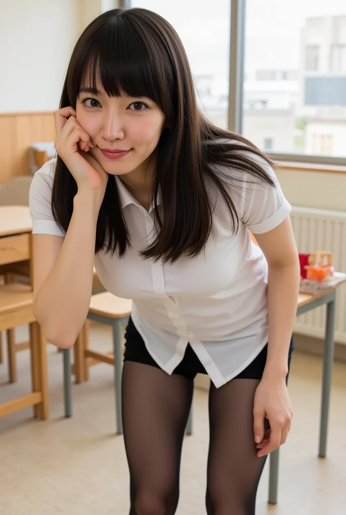 Pure young Japanese school girl, natural body, beautiful legs, wearing uniforms, (pantyhose), high heels, natural makeup, natural black hair styles, sweet smile, sitting, spread wide legs, lift up skirt, professional portrait photography, sunlight, 