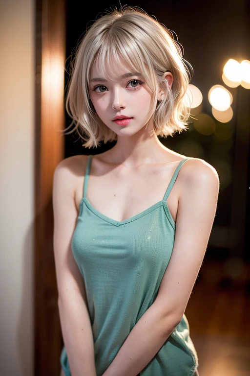 1 girl, solo, cute, looking at viewer, beautiful body, blush, (silver blonde short wavy hair), (small breast), (green eyes), very life-like eyes, stylish casual outfit, beautiful environment, highly detailed, masterpiece, best quality, highest quality, high resolution, (masterpiece:1.2), realistic lighting, incredible lighting