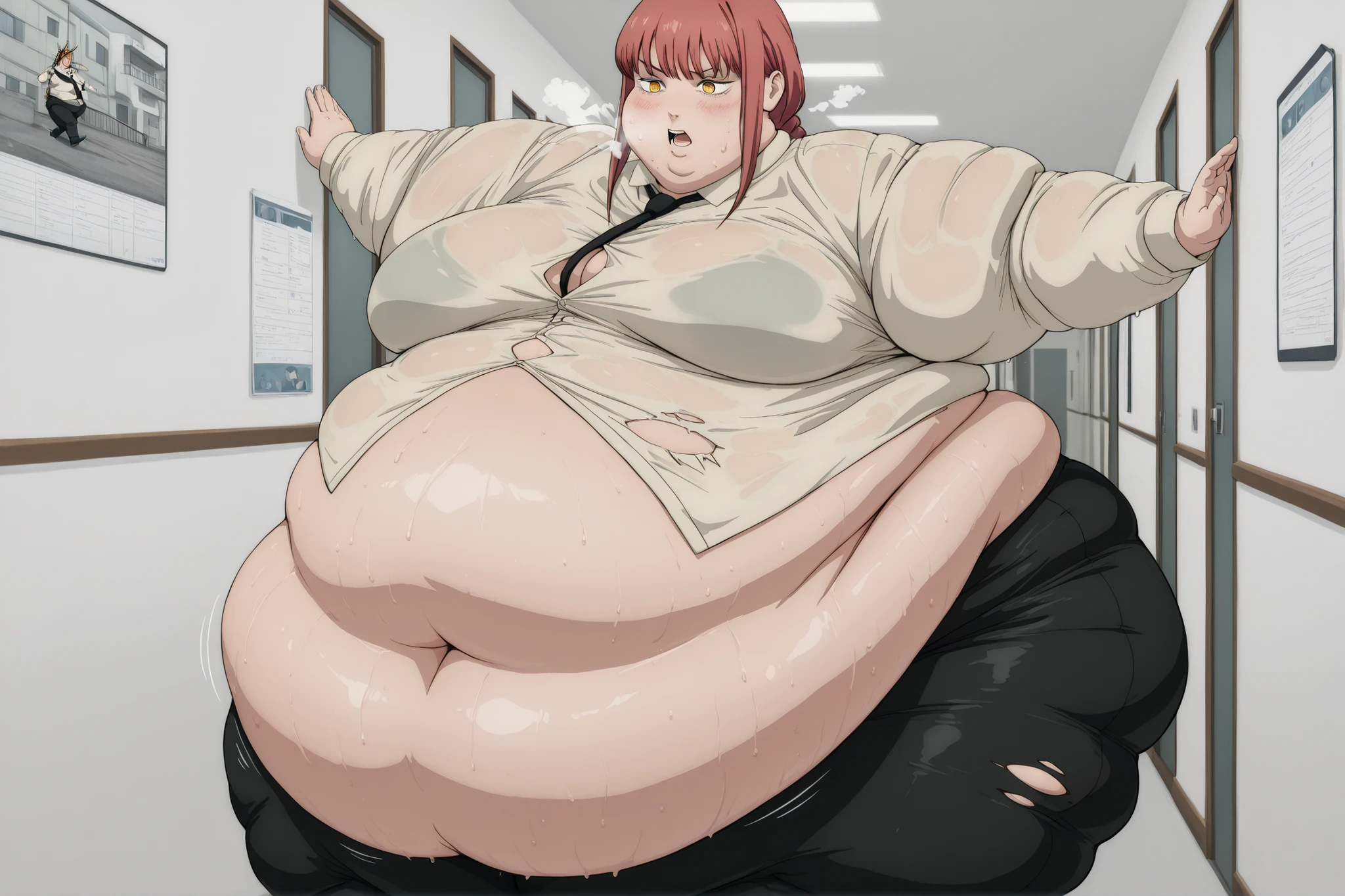 masterpiece, best quality, highres, 1girl, solo, kusuriloli, , small breasts, red hair, turquoise eyes, short hair, , ahoge, standing, :o, white coat, standing, smile, shy, blush, smile, solo, 1girl, SSBBW Rias Gremory, big cheeks, ssbbw, severely obese, 600lbs obese female, no pupils, ultra detailed, masterpiece, best quality, aesthetic, detailed, Fluffy and Fat Face, Big Butt, Big Cheeks, Obese Body, Sexy, Obese Girl, Happy, Cute Expression, Very Hot, bbwchan, nsfw art, manhwa, oppai proportions, she has a jiggly fat round belly, body swelling about to explode, thicc, with a large breasts, doujin, very thick thighs, obese arms, obese belly, big cheeks, Slob body, orgasm, erotic smile, Beautiful nipples, pussy, Sexy posture, ahegao