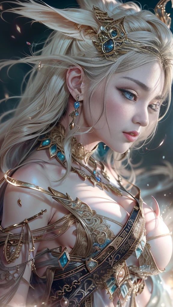 ((Best quality)), ((masterpiece)), ((highly intricate details)),beautiful, high quality, highres, absurdres, light difussion, intricate details, complex details, ((anime)), (anime:1.2) , (perfect face:1.3), extreme detailed eyes, colorful, highest detailed, vibrant colors, high contrast, (8K UHD:1.2), (photorealistic:1.2),(masterpiece:1.4), (best quality:1.4), realistic,medium breast.masterpiece, high quality, 3d, 8k cg, intricate details, detailed background, sacred. ornaments, byDylanKowalski, ((1girl)), upper body, muscular, skindentation, looking to the side, short hair, prosthesis, mechanical arms, synthetic skin, porcelain, pearl, holographic, titanium, diamond, ruby, sapphire, gemstones, clockwork, grunge, worn edges, armor,
