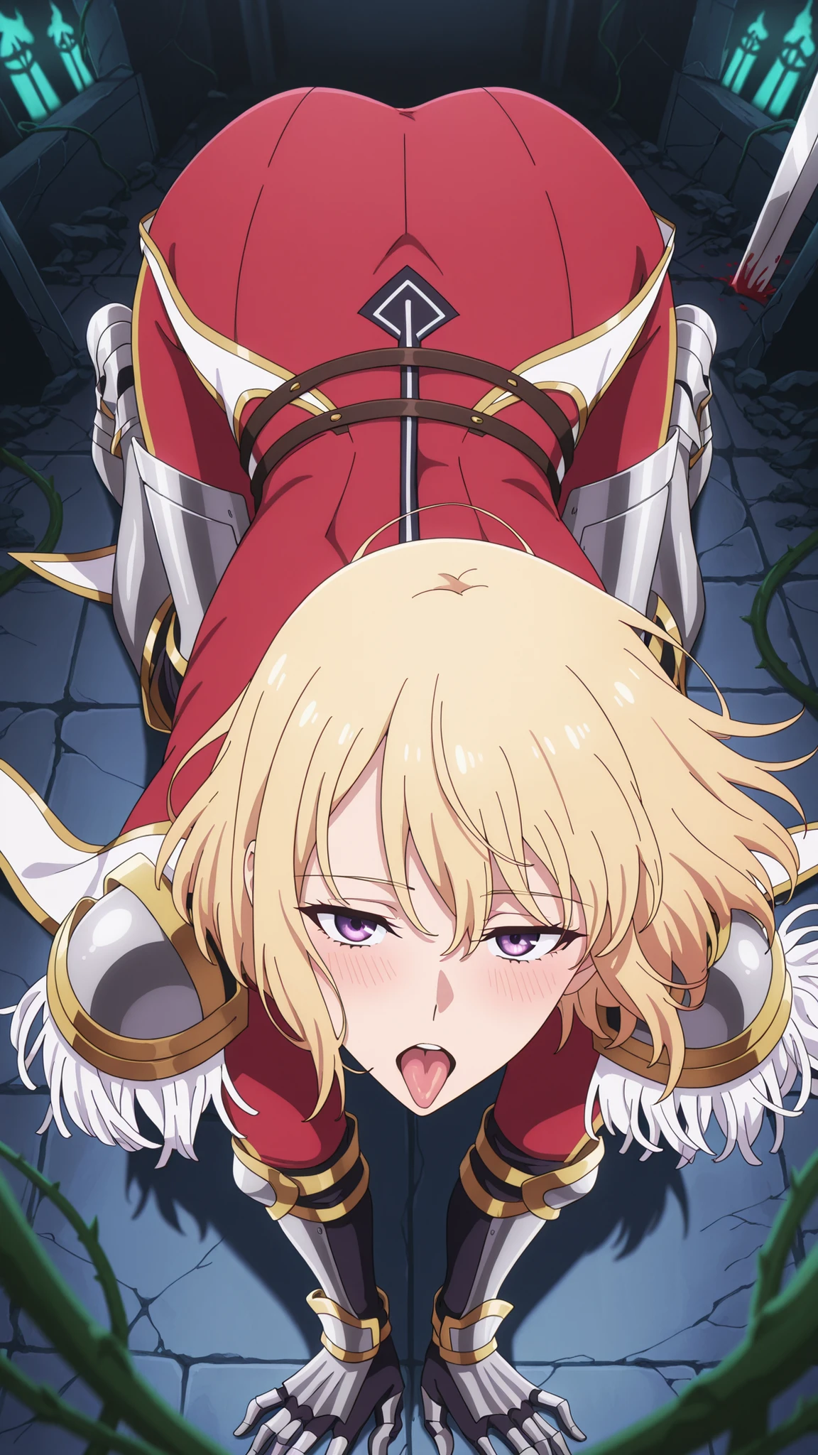 BREAK looking at viewer, BREAK (masterpiece:1.2), best quality, high resolution, unity 8k wallpaper, (illustration:0.8), (beautiful detailed eyes:1.6), extremely detailed face, perfect lighting, extremely detailed CG, (perfect anatomy),Abandoned monster graveyard dungeon, bioluminescent fungi casting sickly green glow on mutated carcasses, walls splattered with phosphorescent blood that pulses when stepped near, rusted weapons embedded in bones forming macabre sculptures, thick spore-fog obscuring ceiling where skeletal remains dangle on fleshy vines, 4K hyper-detailed, dark fantasy realism  shizuku kousaka (na honjaman level up), short hair, blonde hair, purple eyes,hunter outfit, red bodysuit,open suit,tight clothes, pauldrons, epaulettes, cape,floating hair, gauntlets, black gloves, armored boots,cowboy shot,dark aura,dark light,sexy pose,arched back,raised hips, looking back at viewer, blush, seductive expression,bent over,sitting on knees,on floor,doggy style position,from above,open mouth,showing tongue.