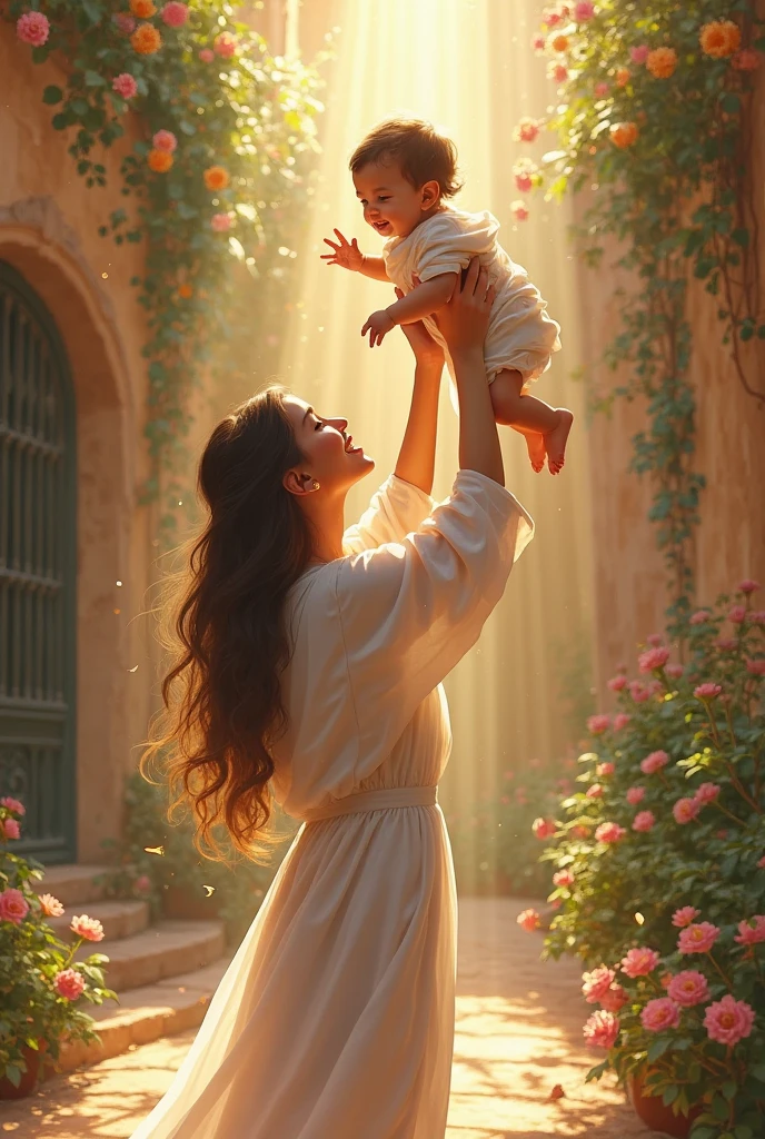 Baby running in a beautiful garden of pink colors from the.hand of jesus