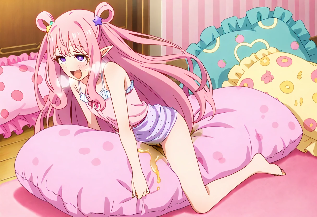 （best quality， masterpiece），full body, 1 girl, solo, mine ,nsfw, details, (Light and shadow oxtail , Cute girl posing on pillow ，steam, pillow humping，(pillow ride), masturbation,  pillow straddling, crotch rub, hump，open mouth , kneeling，（Steaming hot），（pillow), lala deviluke, long hair, (((pink hair))), tail, ahoge, bangs, hair ornament, (green eyes:1.5), far view, peeing