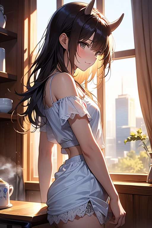Masterpiece ,best quality , high resolution , (1 girl solo:1.38) , (chizuru ichinose, long hair, bangs, brown hair, (brown eyes:1.2), one side up) , (cleavage:1.2) , (medium breast:1.28) , (wearmaid miniskirt , maid head band , sleeves , stockings ) , (cleavage:1.15) , (big breast:1.1) , (face view , back view , from behind , head back , look at view) , (indoor, in kitchen , night , moonlight , windows , candel , coffee on table ) , (standing , thighs ) , (cowboy_shot) , ( smile , open mouth , full face blush , shy )