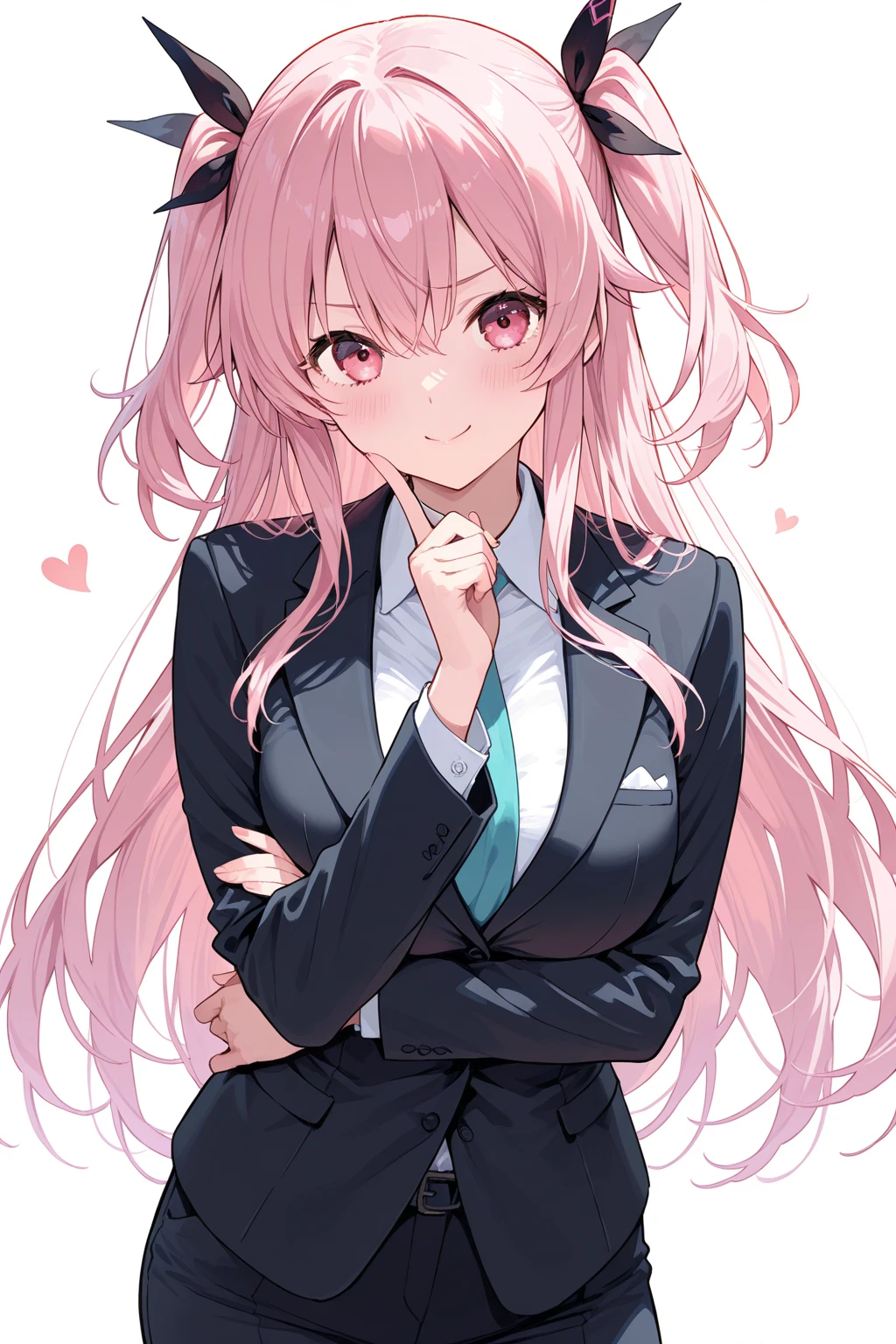 Anime girl with pink hair and bunny ears in pink tie, pink eyes, shy blush