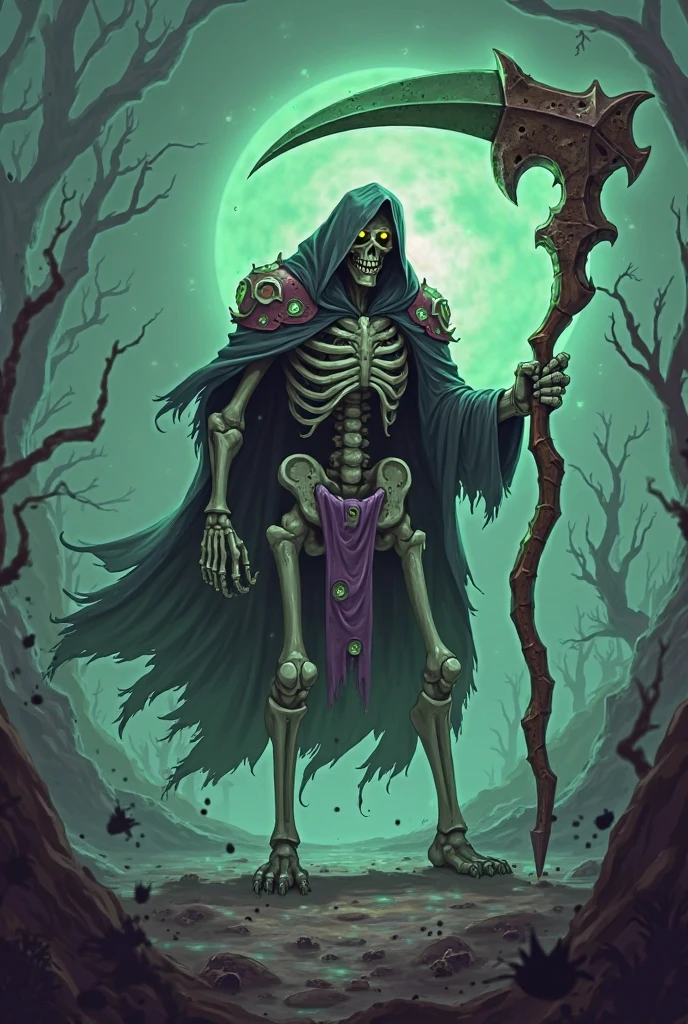 skeleton、simple background、A Necromancer、Purple robe、wicked、Holding a staff made of skeletons