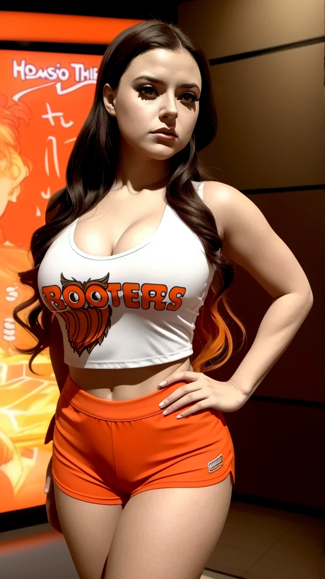 ((highest quality)), ((masterpiece)), (get used to it), perfect face, Wolf Girl, Beautiful woman, public, A tail is growing, she has a fluffy tail, she has a wolf tail, she wags her tail, smile, collar, She's wearing a Hooters uniform, beautiful hips, big breasts , big tail