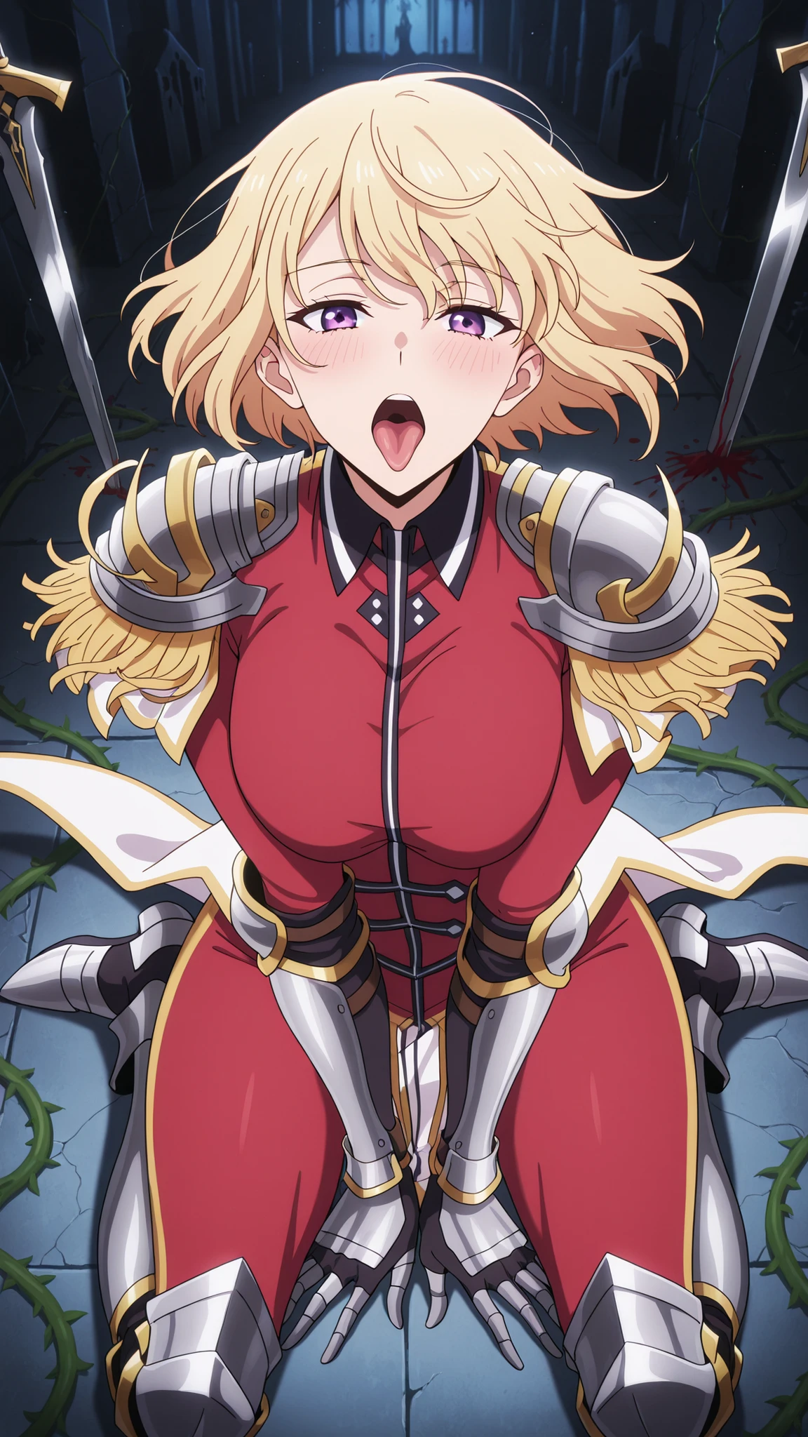 BREAK looking at viewer, BREAK (masterpiece:1.2), best quality, high resolution, unity 8k wallpaper, (illustration:0.8), (beautiful detailed eyes:1.6), extremely detailed face, perfect lighting, extremely detailed CG, (perfect anatomy),Abandoned monster graveyard dungeon, bioluminescent fungi casting sickly green glow on mutated carcasses, walls splattered with phosphorescent blood that pulses when stepped near, rusted weapons embedded in bones forming macabre sculptures, thick spore-fog obscuring ceiling where skeletal remains dangle on fleshy vines, 4K hyper-detailed, dark fantasy realism shizuku kousaka (na honjaman level up), short hair, blonde hair, purple eyes,hunter outfit, red bodysuit,open suit,tight clothes, pauldrons, epaulettes, cape,floating hair, gauntlets, black gloves, armored boots,cowboy shot,dark aura,dark light,sexy pose,arched back,raised hips,blush, seductive expression,bent over,sitting on knees,on floor,from above,open mouth,showing tongue.