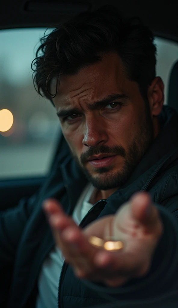 Beautiful sensual man, tied hands in a car, feeling seduced and saying "I need more"
