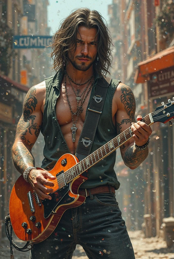 Handsome tall man with 6'2 height, 75 kg weight lean muscular body, rockstar guy , sharp blue eyes, big eye lashes; sharp jawline and chin and seductive looks, long and straight black hairs; in blue jeans; perfect guitar player on stage