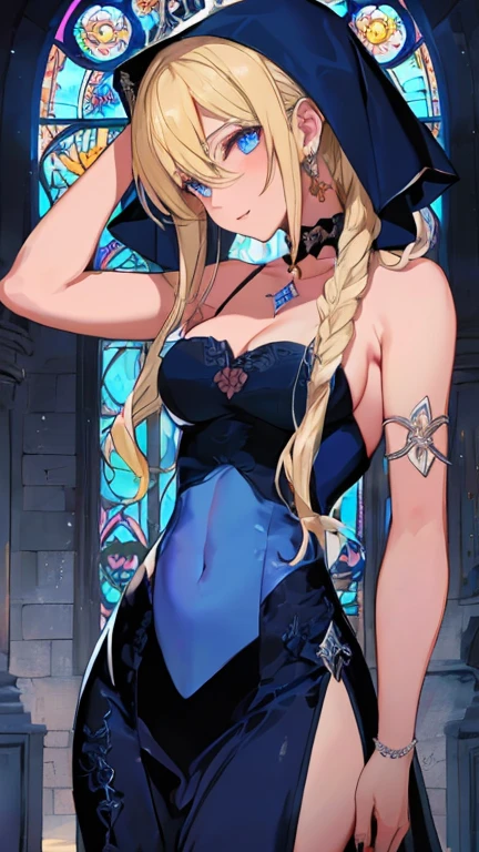 Beautiful sweet woman 34 years old; french girl; blue-eyed long-legged blonde with long hair up to her thighs; big shiny blue eyes, A kind look; Elastic rounded natural breasts of medium size; Simple homemade cotton dress with a plunging neckline; absent-minded smile; An open book in his hand; Anatomical realism, high quality textures, higly detailed