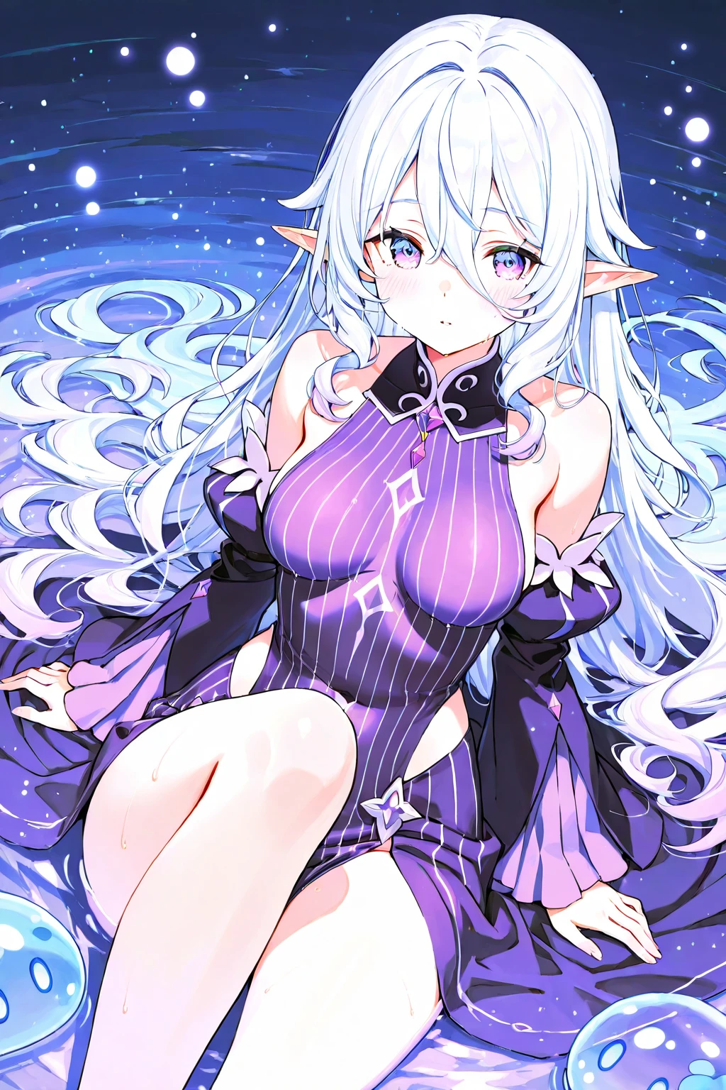 Big elf, blue hair, purple jewel eyes, hot figure, big beauty, delicate and beautiful face, full body portrait, big eyes, beautiful face, big, transparent tulle texture clothing, sexy and alluring, plump body, hands holding chest, perfect body proportions, bumpy and convex