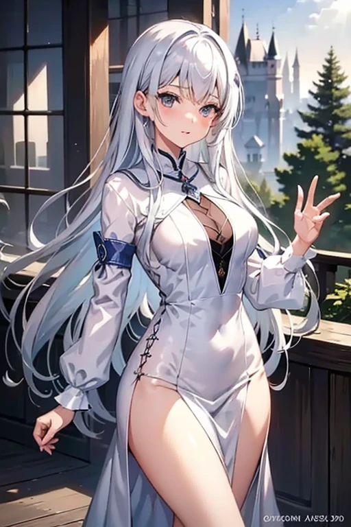 Best detail, masterpiece, best quality, highres, absurdres, 8k, 1girl, blue eyes, white hair, ponytail, science fiction, bangs, full body