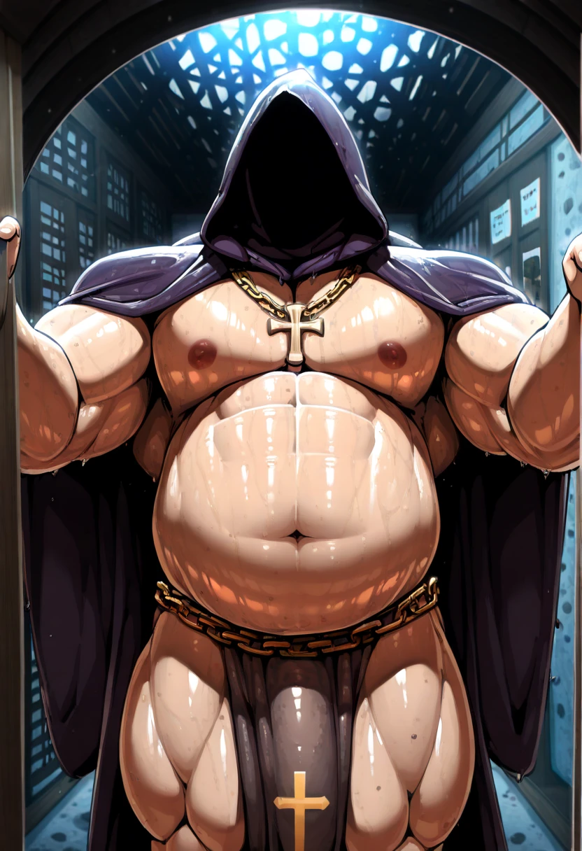 frontface, copper hair man in top hat long beard wearing a string of black red and white beads, very strong mass beefy body wearing black and red silk pants with felt cape with black collar barefoot in florest, thick dick cumming, show cock, Very hairy body