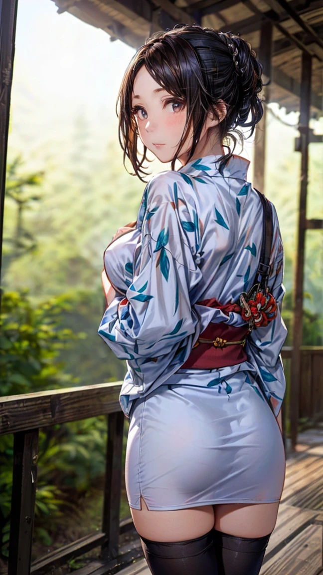Yukata、Close contact to the body、Alluring、, drunk, modern, from behind, Canon, masterpiece, anatomically correct, super detail, high details, high quality, 16k