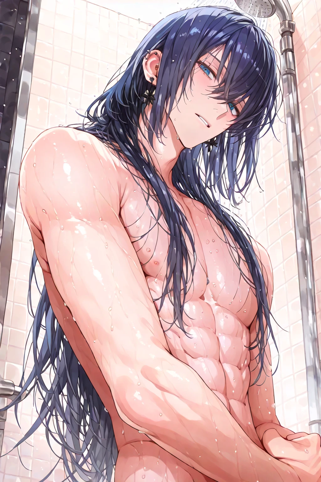 high quality, flexing,(japanese teen boy:1.5), (detailed eyes), (black long hair), (muscle:1.5), naked, (dark wet skin), (detailed puffy nipples), penis, cumshot,smirk, looking at viewer,(orgasm:1.5),
