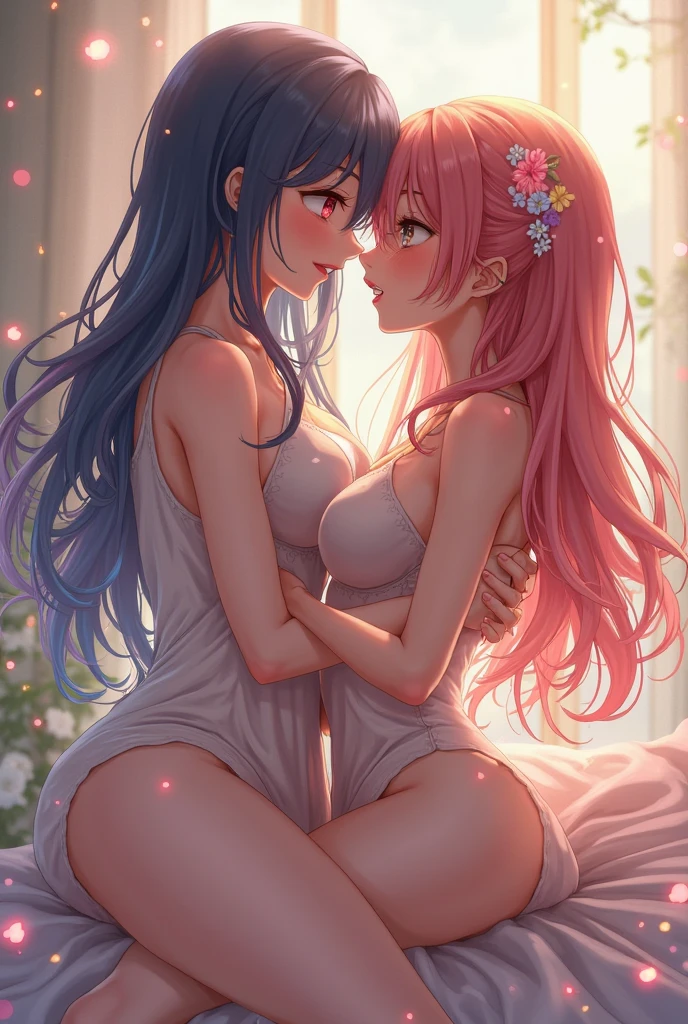 Create two naked anime girls making love, one with pink hair and one with blue hair and one with pink eyes and one with blue eyes, white skin with an exaggeratedly large bust in a miniskirt and in a croptop with large, thick thighs with a mega-large butt a little low.