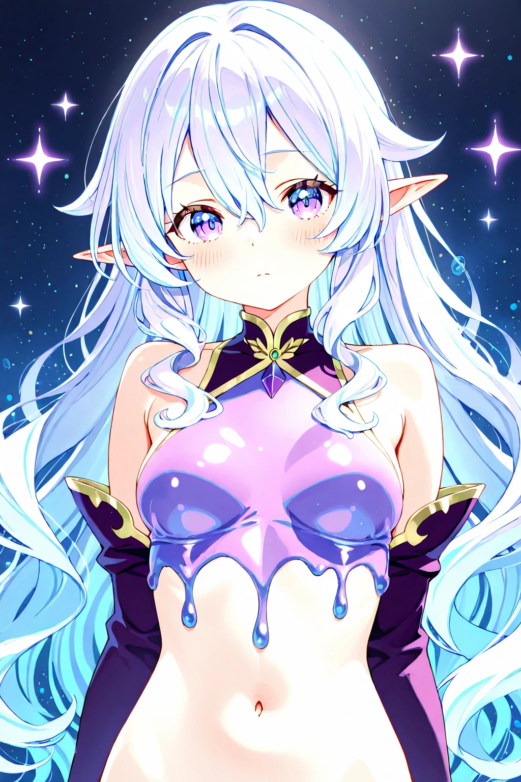 (masterpiece, best quality:1.2), <lora:princess_mandie:1>, princess mandie, 1girl, solo, earrings, jewelry, green eyes, colored skin, pointy ears, purple hair, long hair, open mouth, breasts, medium breasts, cleavage, star \(symbol\), bare shoulders, parody, yellow skin, antennae, fangs, dress, very long hair, upper body, teeth, outdoors, stars, night sky,