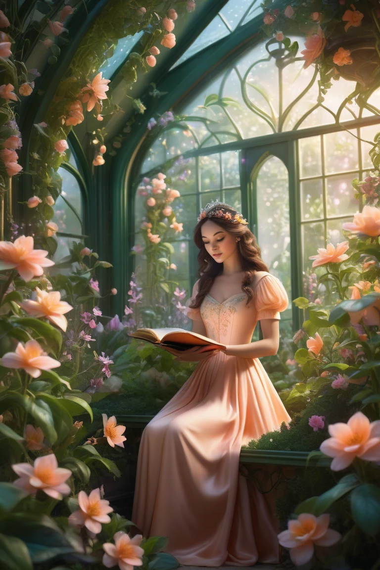 A captivating illustration of a stunning woman sitting gracefully in a serene and enchanting garden. She wears a delicate, elegant, flowing pink dress adorned with delicate floral patterns, and her hair is styled in an intricate bun. The woman is engrossed in a captivating book, her eyes filled with concentration and her expression serene. In the background is a sparkling lake surrounded by tall, leafy trees and a vibrant flower garden. Sunlight filters through the leaves, casting a magical golden glow on the scene. Delicate details such as fluttering butterflies and a variety of flowers add to the tranquil and mesmerizing atmosphere. This image would make a stunning photo, illustration, 3D rendering, poster, or cinematic backdrop., photo, illustration, poster, 3D rendering, cinematic