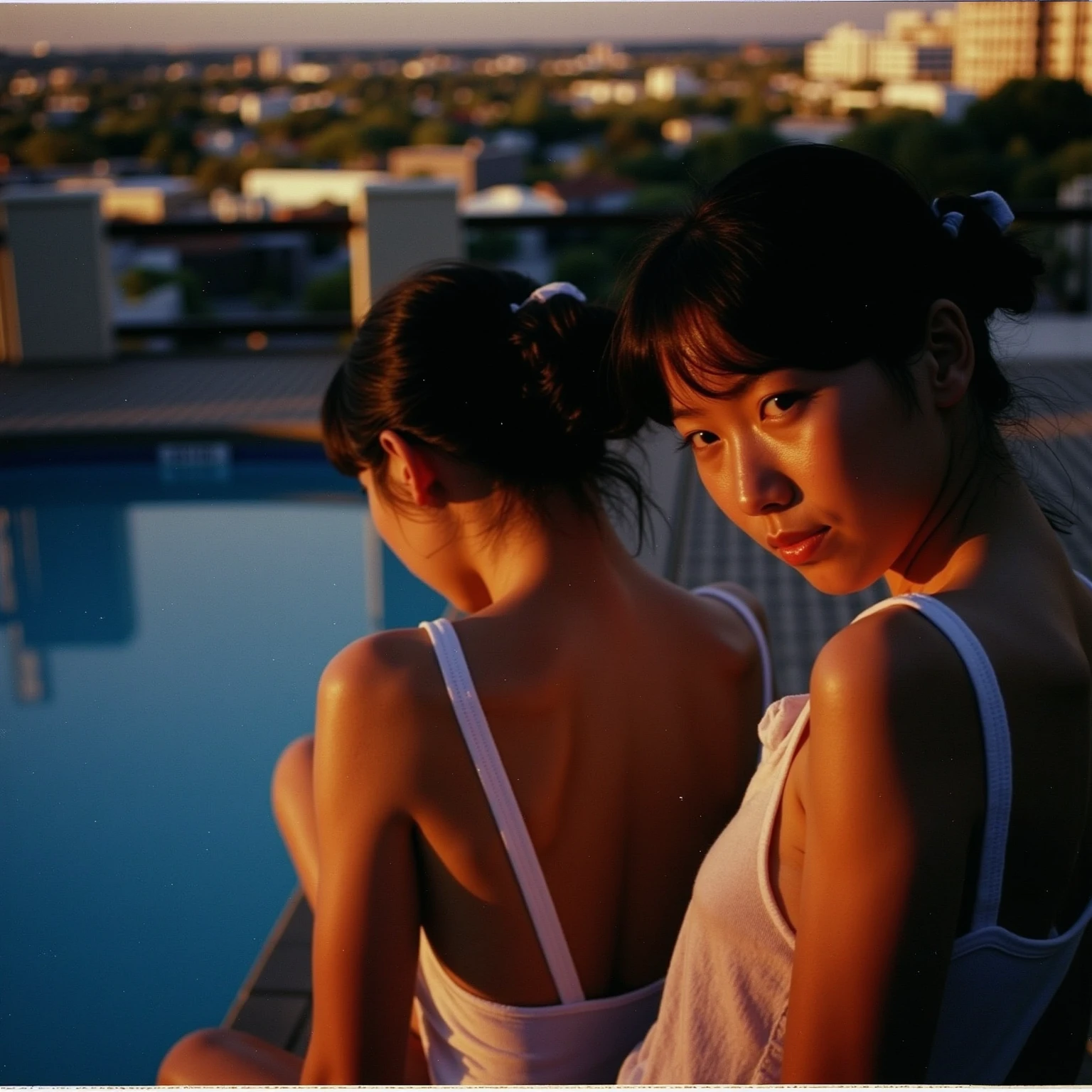 (masterpiece), top-quality, 超A high resolution,Japanese teenage girl, Cyberpunk Stunning cityscape,Japan girls standing on the veranda、Rear view、small ass、Wearing white underwear、large full breasts。Scorching sun, extra very short hair, off shoulders, neon color, flushed, Stunning daytime sky, 电影灯光, Photorealsitic, real looking skin, nffsw,