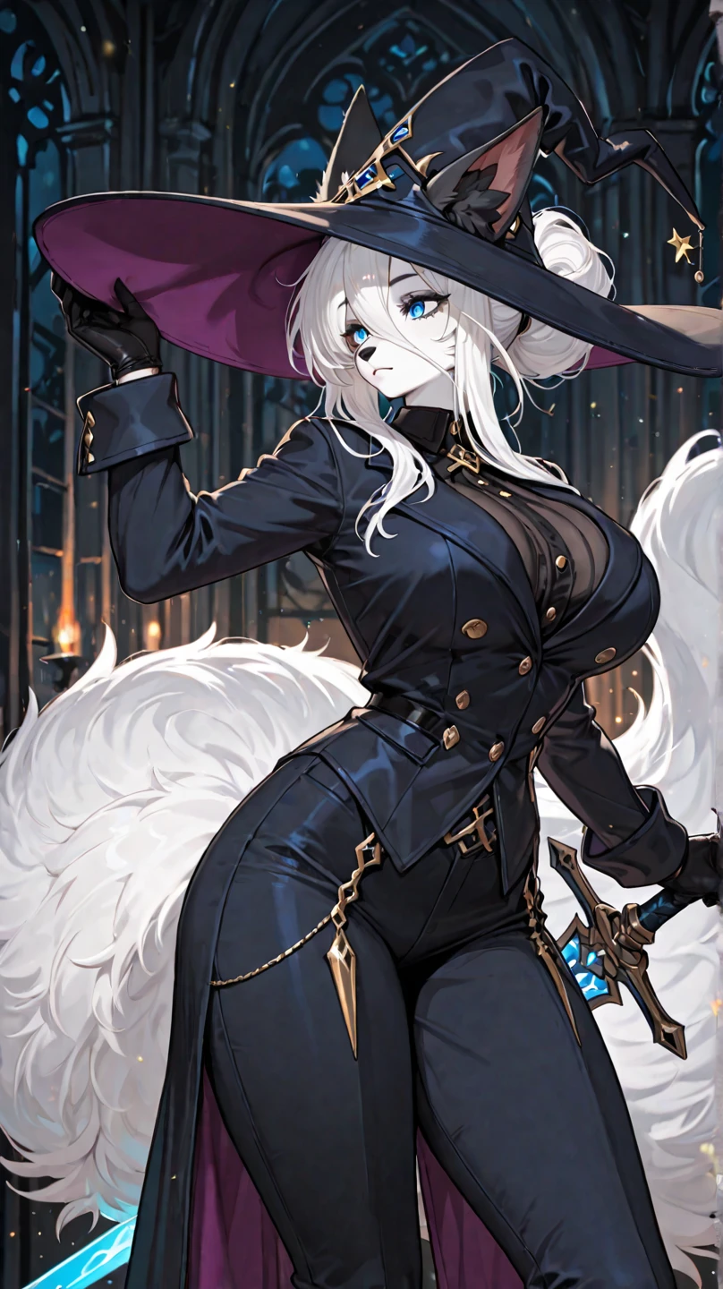 White Kitsune, adult female half white fox, white fur, ponytail black hair, white fox ears, long fox snout, she has four white tails,PIRATE CLOTHES, in a pirate ship