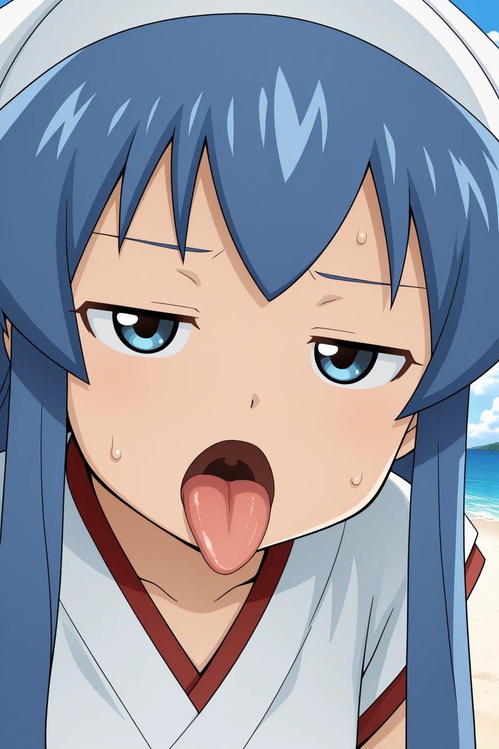 ((masterpiece, best quality)), high resolution,ultra detailed,8k,16k,detailed background, perfect lighting,detailed beautiful eyes, 1girl,solo,embarrassed,blush,show off nipple,(steam:1.2),sweat,in heat,heavy breathing,saliva trail,look at viewer,(oral,screaming,show mouth:1.4),ahegao,face focus,(from above:1.4),(from front),chin up,seductive eyes,fisheye lens,be breathless,stick tongue out,kneeling,(cum on face,cum on tongue:1.4),
,(ika, blue hair, tentacle hair, blue eyes, long hair,white hat, bracelet, tentacles,,short stature,slender,child_body,skinny,pale skin,small breast),seaside house,summer