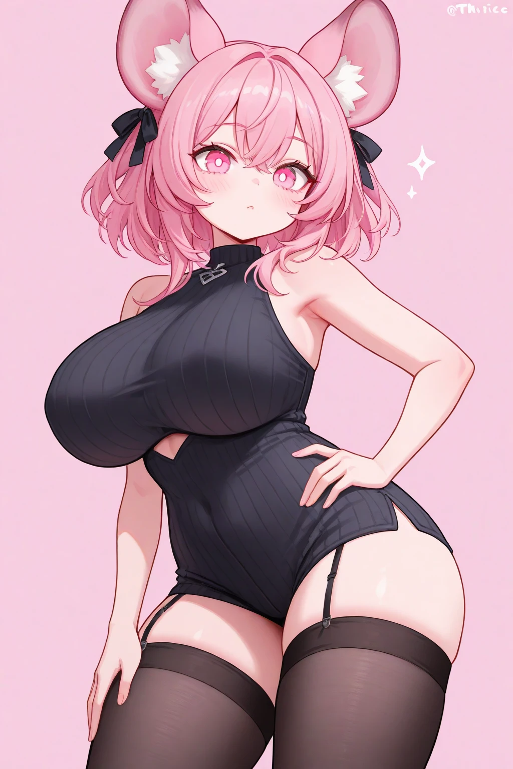 ((Mochizuki Momiji,new game!,short hair, blue eyes, ribbon, hair ribbon, pink hair, sidetail, oneside up,green eyes,hair intake, hair band)),(nsfw,),((solo girl)),((Perfect body,))((Super beautiful,))((High quality,))((Heavy breathing,sweat, Sweaty and wet all over,blush)),((gigantic breast,nipple)), Looking at Viewer,(cowboy shot),half open eyes,((from side view)),squatting and straddling,(Show off your crotch by opening your crotch in a crouching posture,)arms behind head,(((see-through black High leg swimsuit,black thigh-high socks,See-through black long gloves))),collar,She turns around with her back to me, sticking out her butt,from back view,Directly behind,((Turning your back to me, sticking out your butt,))((grab breast with her hand))