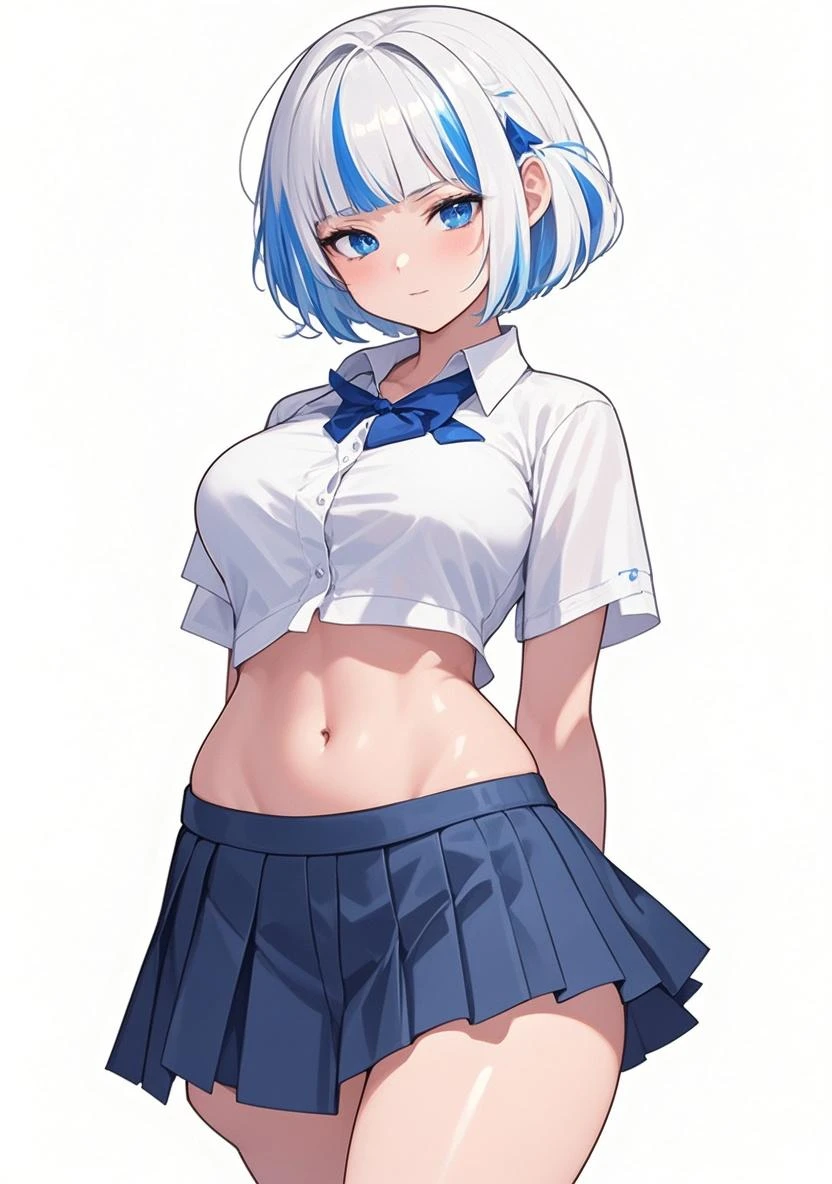 18-year-old,shiny navy hair,short hair,Parted bangs,Yellow Eyes,Large Breasts,Small waist,Big Ass,Abdominal muscles, , See-through sailor suit,Navy blue mini skirt,Black underwear, ,Japanese sword,Covered in body fluids