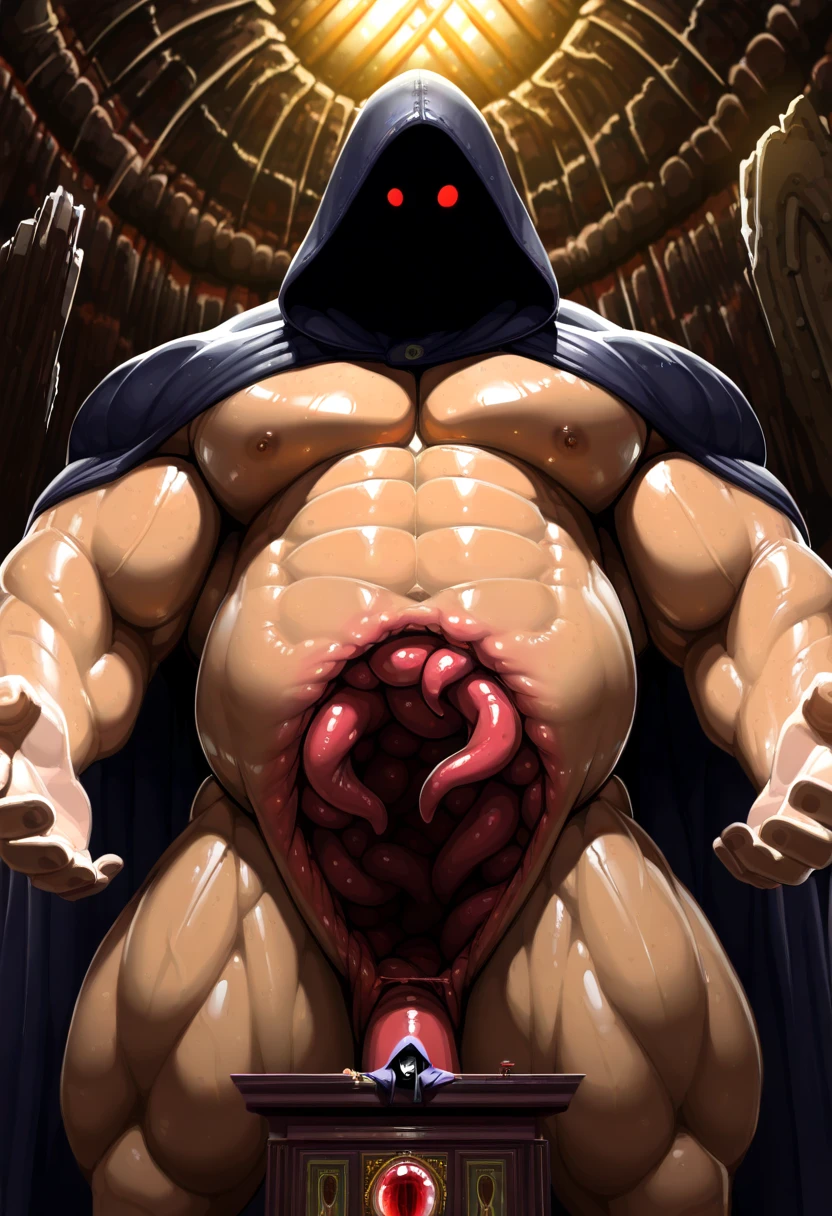 (absurdities, High resolution, ultra detailed), 1 male, adult, elegant, tall and muscular face, wide shoulders, finely detailed eyes, short black hair, Brown eyes, black cloak, wearing a hood, leather waistcoat, leather waist bag, 2 daggers on the belt, castillo, medieval atmofera, natural light and shadow, There are glowing particles flying around the man.., Fantastic, mysterious, bright glow, Pose held in the air by tentacles, legs up, raised rear, arms up, serious expression, Cold, considered, Closed mouth, enthusiastic, leather ropes on the legs, NSFW, big cock,long cock, thick cock, big balls, cum on chest, chest hair,abundant pubic hair, hair on the legs, hair on the arms, hair on balls, abundant hair in the armpits,vapor ,shirtless, pectoral grande,big chest ;demon horns, purple horns, naked, torn clothes .., summoned tentacles, masturbation , fucked by tentacles, tentacle anal, another of tentacles, anal and oral penetration, satisfaction face, tentacles inside the anus, tentacles sucking his pulla , tentacles sucking her breast, Demon king,