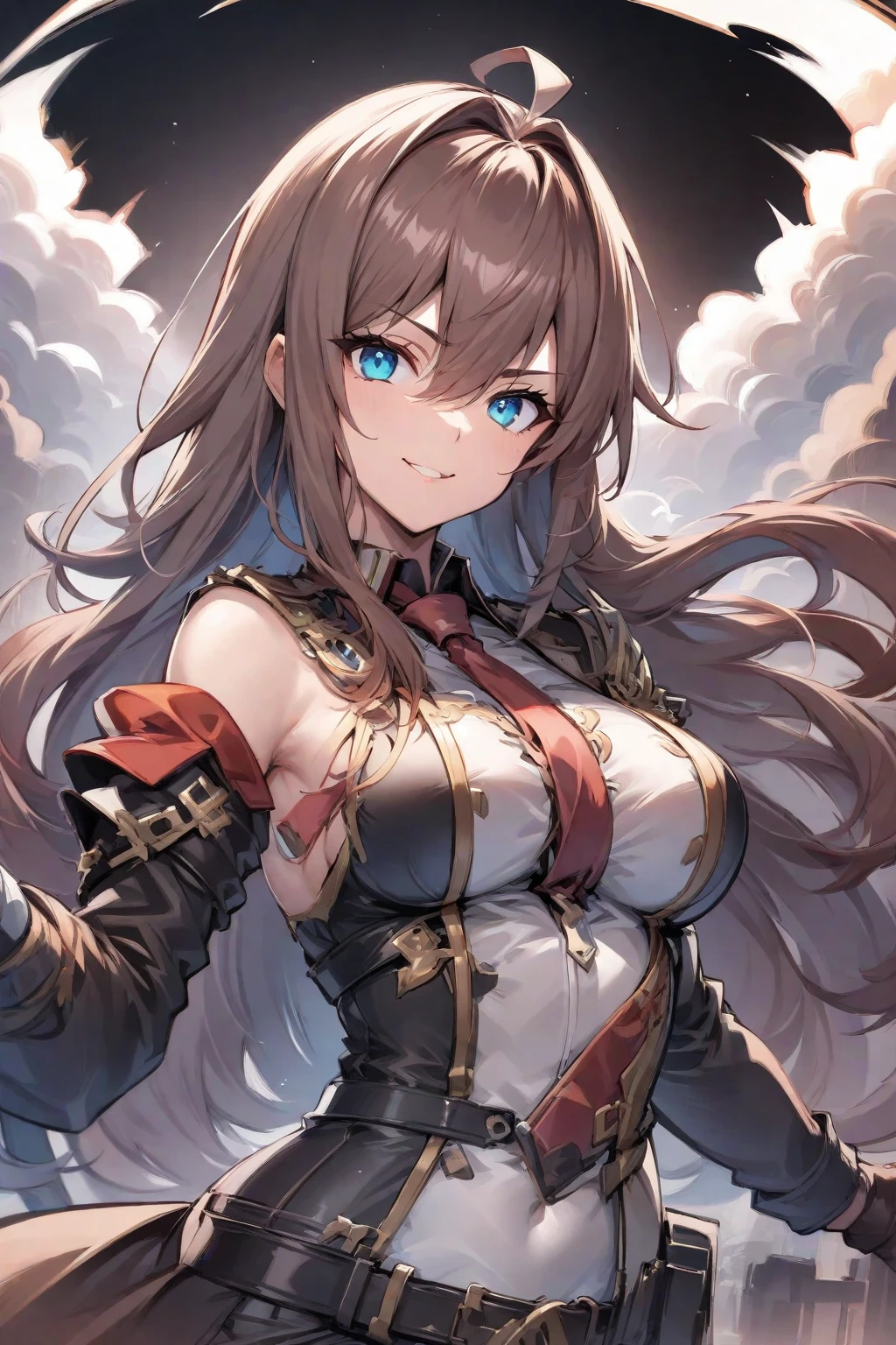 Woman, long hair, brown hair, sensual clothes, neckline, magician, torn clothes, fighting, apocalyptic background, bruise, particles in the air, chalice, black eyes, large breasts, sensual, defined curves, attractive position
