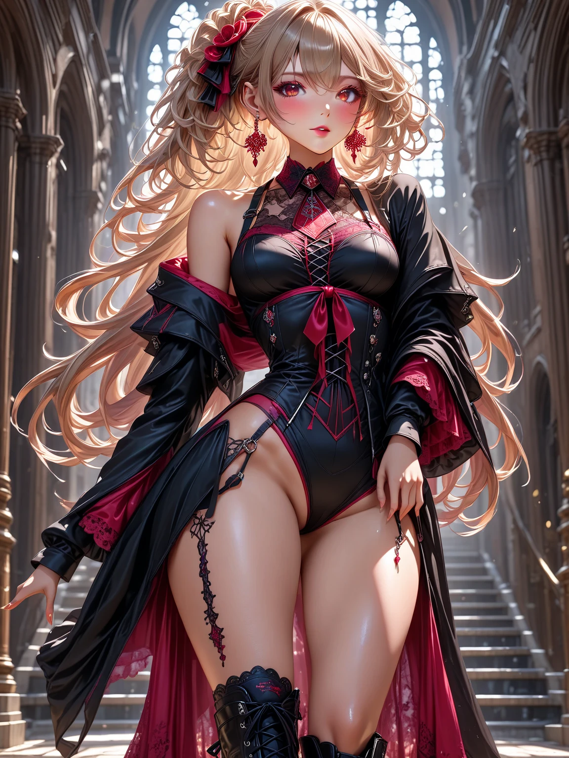 Please follow all prompts below exactly and faithfully. This is a breathtaking masterpiece of digital illustration, with maximum resolution, UHD, 512K, 2160p, 10 million ppi, 300 million dpi, natural color tones, ultra sharp details, perfect outlines with contrast, ((most realistic skin and hair textures:1.5)), most beautiful detailed eye features, perfect anatomically correct human body, beautiful background with depth, rule of thirds, depth of field, Maximize all element is used to its full potential to create the best digital illustrations,
BREAK 1woman, sexy:1.5, beautiful face sharp, elegant woman, perfect body style, slender, beautiful big breasts, green eyes, blonde hair, hair over one eye, long hair, glossy very thick lips:0.7, pink lipstick:0.7, smile,
BREAK Bright red flamenco dancer costume, off-shoulder:1.5, rose hair accessory, wide open cleavage, red high heels, long skirt with large frills: 1.5,