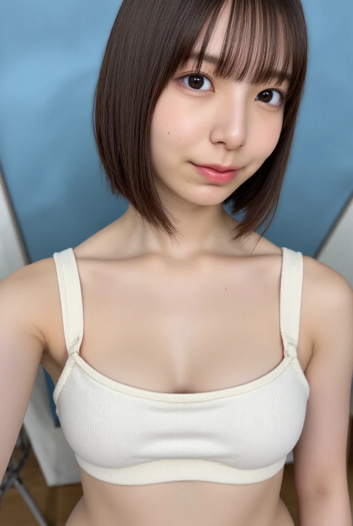 photo of cute japanese woman、small breasts、very short bob hair、pay attention to your audience、naked、nipple、whole body、tits、areola、