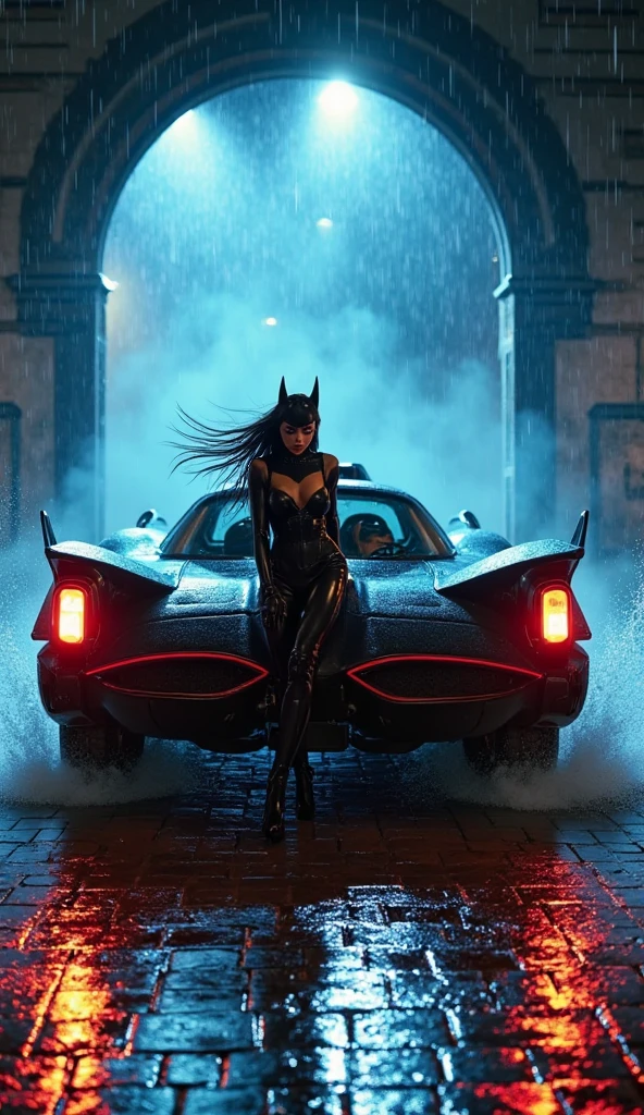 woman wearing a black PVC low-cut catsuit thigh High boots chains studs and spikes , in front of futurist car , in cyberpunk city at night , enlightened by neons
