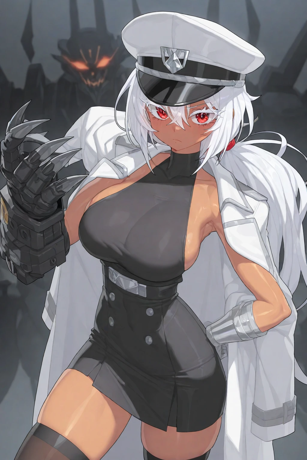 masterpiece, best quality, best quality drawn, (an anime girl in cyberpop jacket),  a large number of zombies have appeared and are being attacked, (((While she is fighting zombies))), ((brown skin)), white hair, bob-cut, ((messy hair)), golden eyes(tsurime), long and thick eyelashes, melancholy expression, slender body shape, full-length, (insanely detailed), big breasts, sexy, tattered clothes, In town, High resolution, beautiful eyes（High resolution）, beautiful face(ultra-detailed), key visual, concept art, like biohazard.