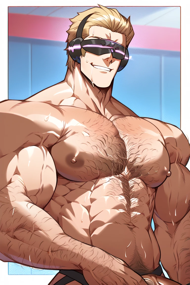 male, (mature daddy swimming coach), (naked upper body), (take off swimming underwear), (penis completely covered with foreskin), erecton upward, smirk, handsome, muscular, hairy, (blush), (posture with arms crossed), (ashamed because of his erection), middle aged man, homoerotic, Standing, realistic, night, delicate eyes, hairy legs