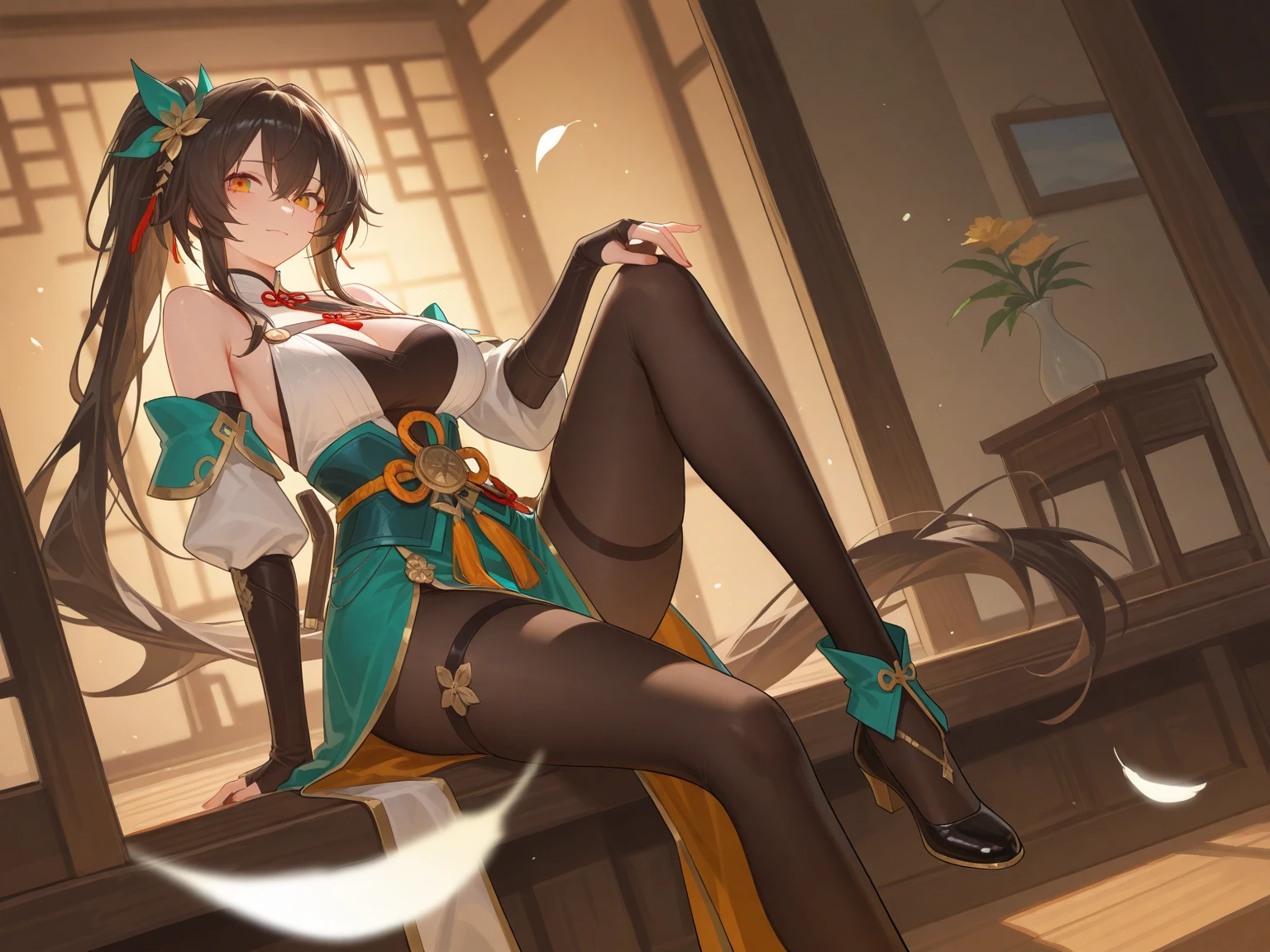 (feminine, brown hair, twin braids, yellow eyes, slender build, hourglass figure, Chinese dress, midriff baring, stirrup stockings, tranquil garden setting, sleeveless, parted lips, short dress, seated pose)