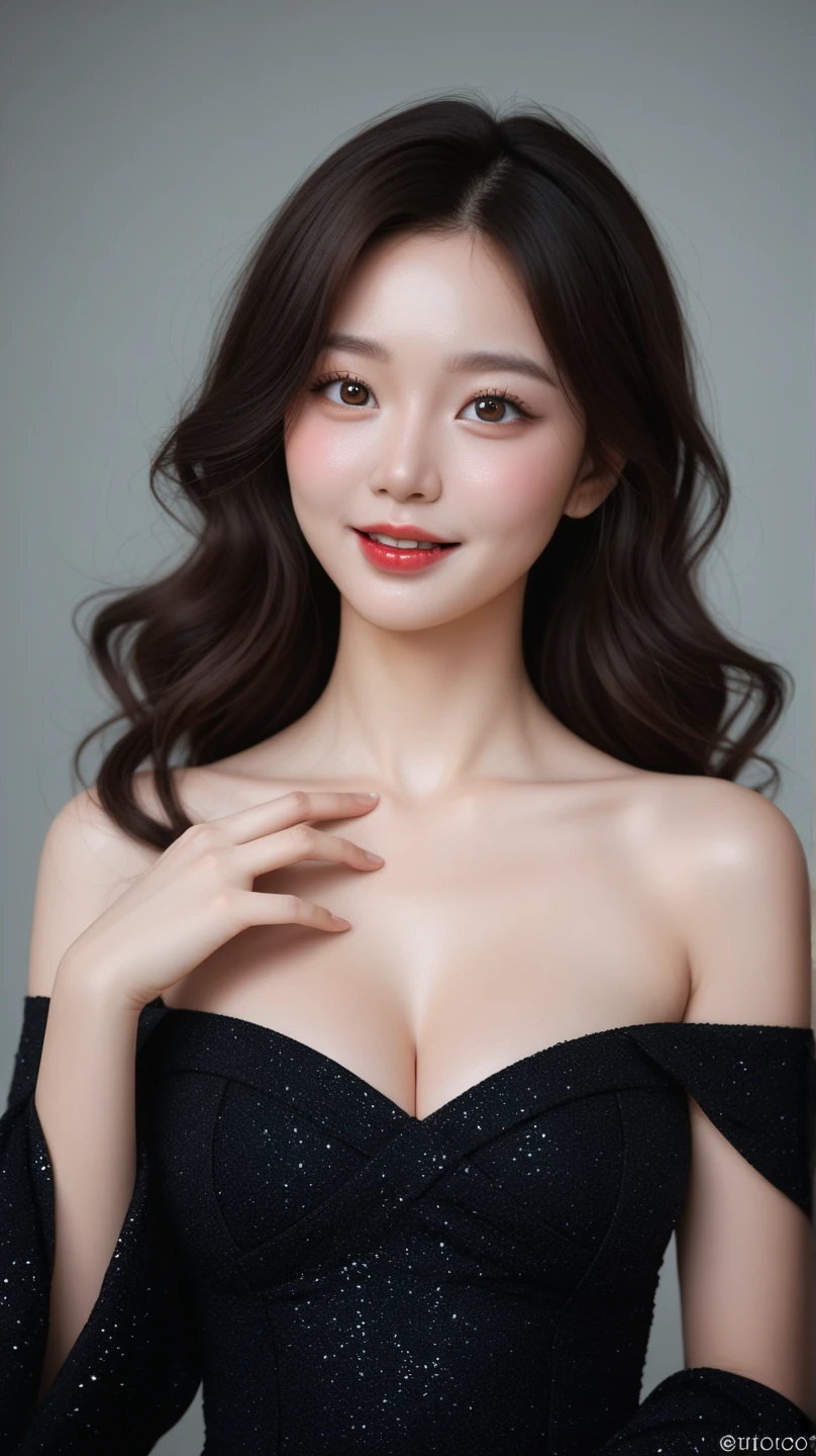 (Canon RF85mm f/1.2,best quality,Reality:1.4,light),(1 girl,Korean mixed,Korean Idol:1.2,beautiful long_Slim_leg),(long_Brown_Wavy_hair),(pink_shining_Lips,pink_Eyeshadow,eyelash,powder_blush,cosmetic),(White_shining_skin,black eyes,Pores,skin texture,shining),(necklace,earrings),Large ,Smile,Dynamic poses