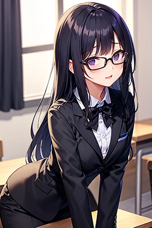 (((Spread your legs)))、Glasses、Uniform Blazer、Beautiful beauty、Long purple hair、((whole body))、(((Photo taken from below)))、school gate、Big Breastini skirt、Panties are black lace