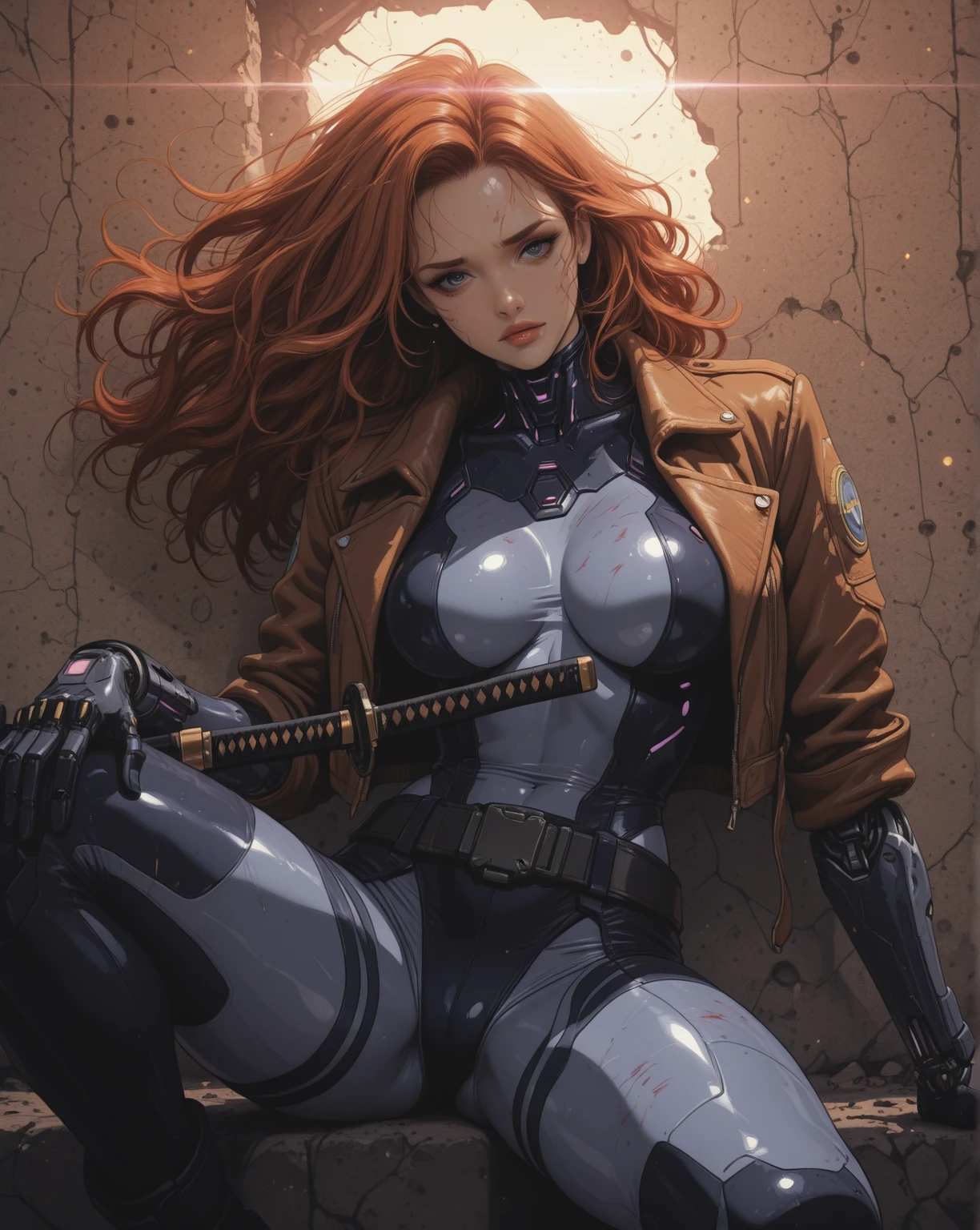 Crisp, sharp digital photography, Imax lens, a female rogue, wearing jagged torn leathers, fighting for her life on the edge of a precipice, thrusts a sword into the center of an expanding circular explosion on the ground, a masterpiece, 8k resolution, dynamic lighting, hyperdetailed, intricately detailed, Splash screen art, deep color, Unreal Engine, volumetric lighting, purple and yellow complementary colors