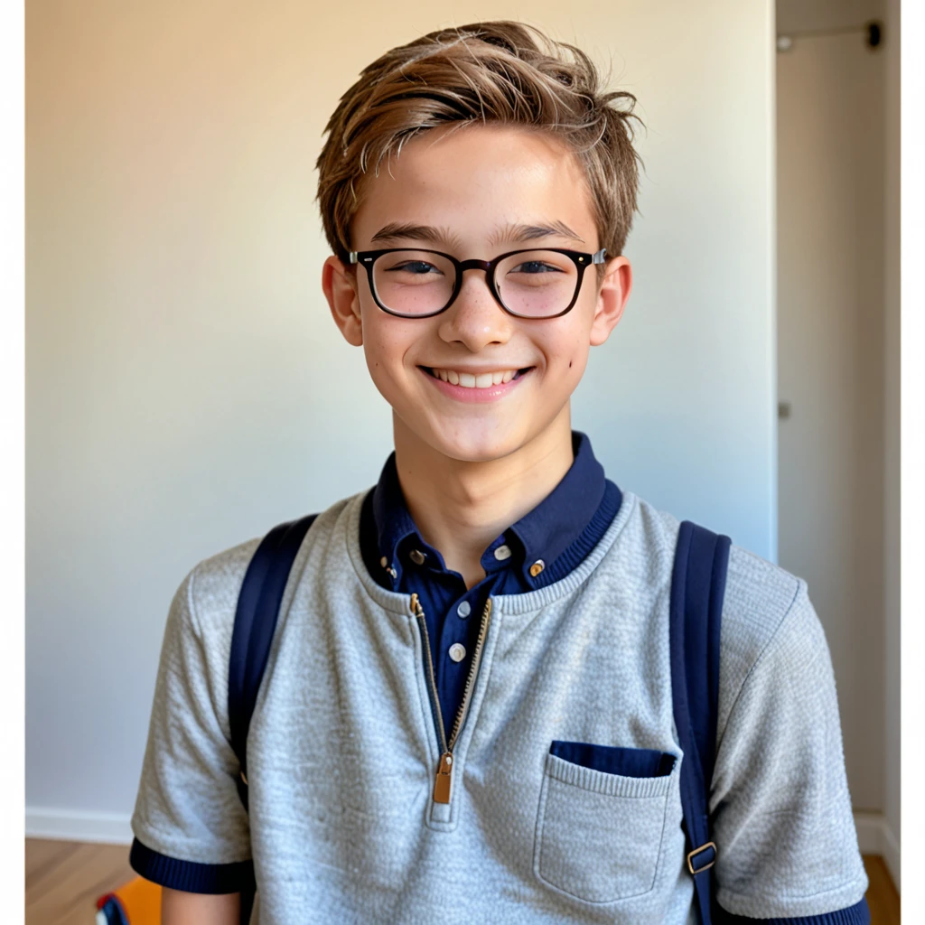 CREATE AN IMAGE OF A BOY, With glasses, FOR THE YEARBOOK PHOTOGRAPHY, AQUAMARINE BLUE BACKGROUND