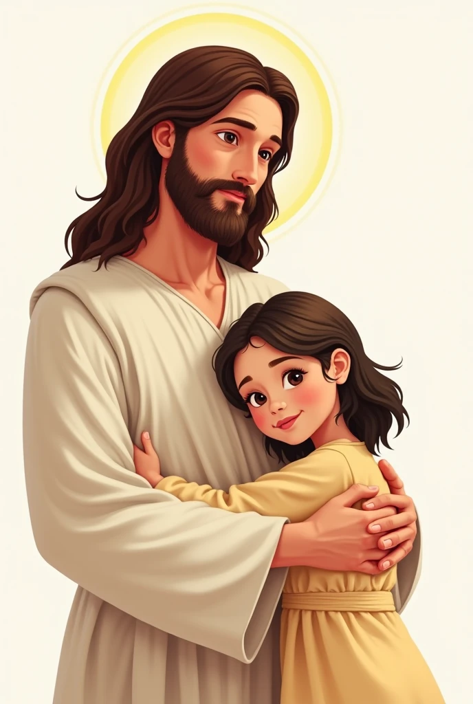 Cartoon jesus with baby girl hugging each other in heaven 