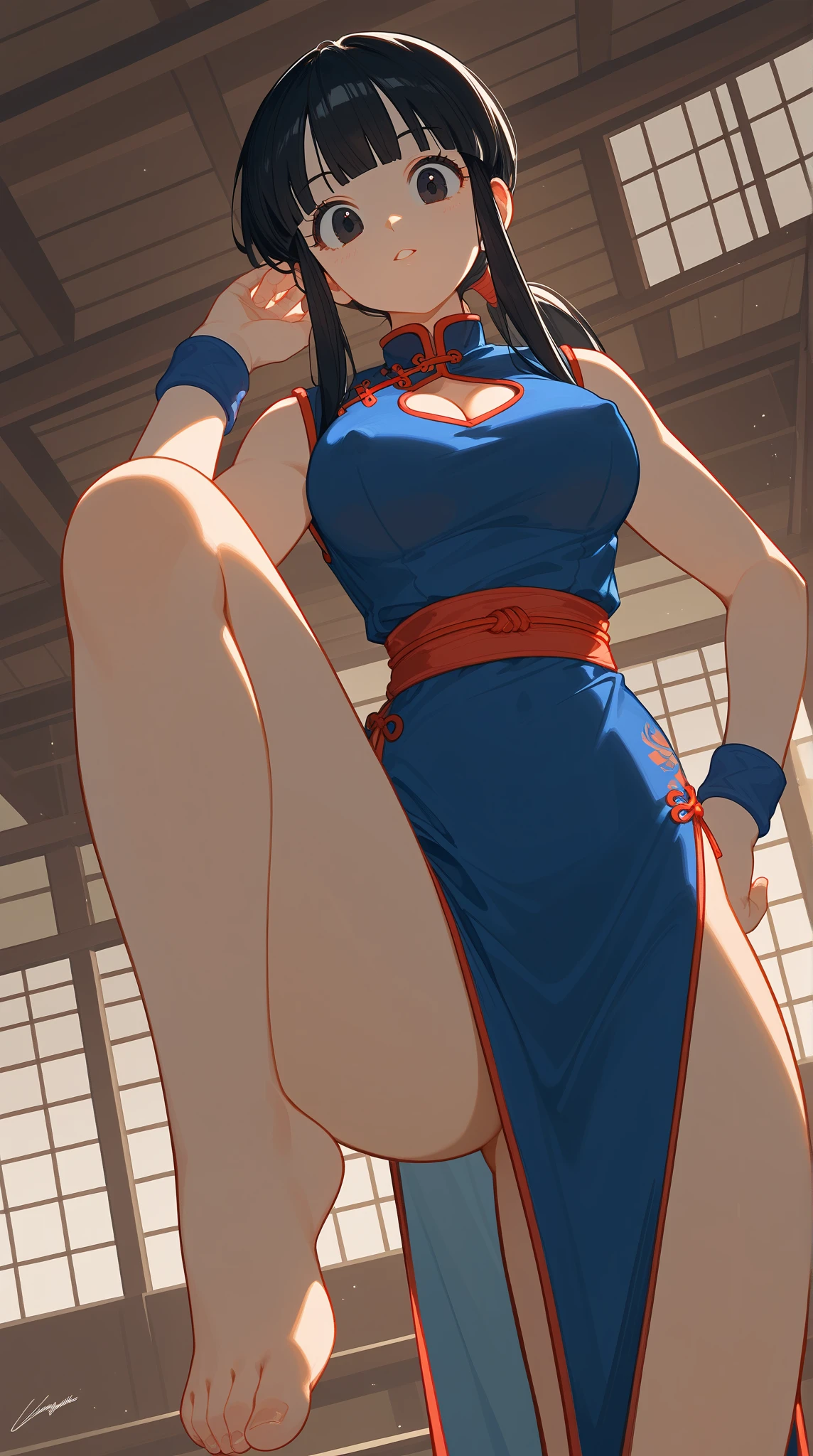 One girl, Chunli, Stance for battle, He raised his fist., (((Brown hair in twin buns))), (((Ribbon in hair))), (((Blue Chinese Dress))), (((Brown pantyhose))), Big Breasts, Big muscular thighs, Perfect body, Sweat, Spike bracelets on both wrists, Abdominal muscles, Chunli, mirror, Thin thighs, 硬いNipples, Thick eyebrows, Tight buttock muscles, Waist, Center of chest, I am very happy, Brown pantyhose, long autumn, Salaryman in a short uniform, sexy, Raw work,whole body写真, At the dojo at dusk, Red lipstick, Black eye mascara, (whole body:1.2),( On the body:1.4),(Semen on clothes:1.4),Nipples,The chest comes out,Spread your pussy,, Highest quality,masterpiece,High resolution,Official Art,Highly detailed CG Unity 8k wallpaper、(Crazy behavior:1.8)、((Black Garter Stockings 2))、((Do not wear shoes))、((Show me the soles of your feet 1.5))、Toe angle、Legs wide open、Breathless face、Burst chest、Beautiful Face、(数人の男が彼女のGrab your chestいる.)、There are a lot of guys around her、Grab your chest、とても濡れてSweatをかいている、facial 、Large amount of splatter、Lactating breasts