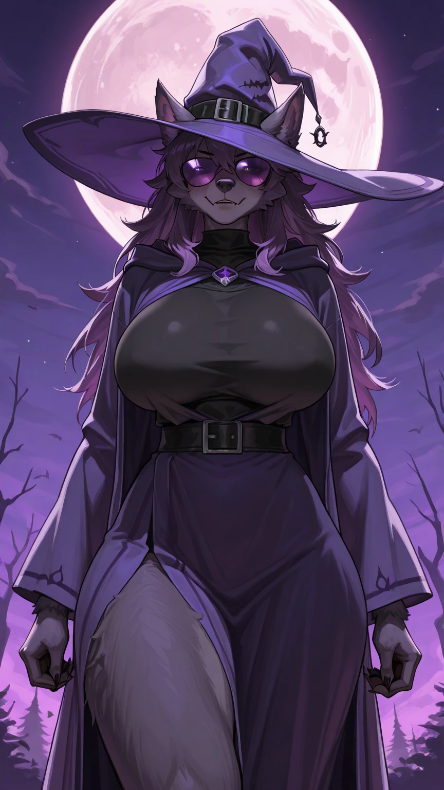 ((witch woman, ((buxa cloak)),((gigantic breasts, naked breasts, naked pussy, erect breasts, grabbing breasts)),((purple hair)),((pink eyes, with round glasses, face of shame)),((standing, in a haunted forest, at night)),((1 arm behind the back)),