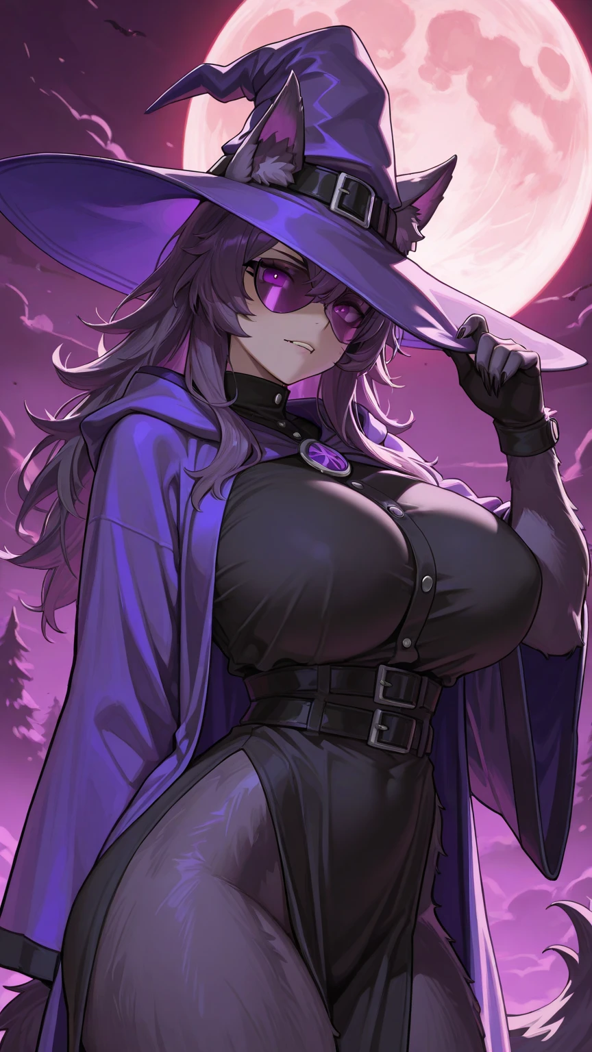 1 girl, solo, witch, mature woman, huge breasts, wide V-neck, bodytight top, milf, elegant hat, purple robe, black hand gloves, hand to mouth, purple eyes, violet hair, long hair, let down hair, necklace with purple gemstone, checked frilled black stockings, sadistic aura, smirk, black feather hair accessory