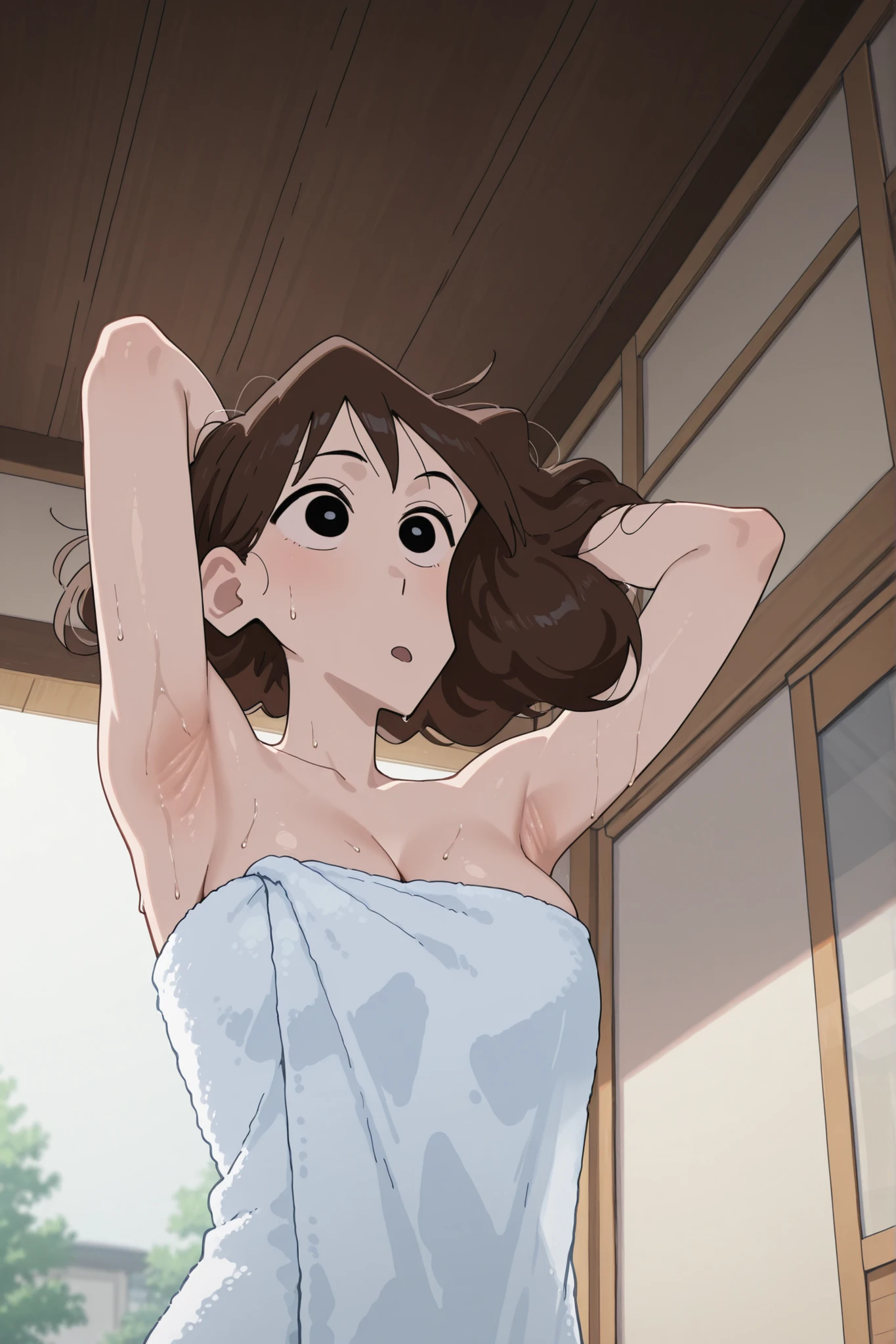 lora: misae nohara dark brown hair black eyes in towel only armpit focus on armpit gentle sunlight Japanese home environment (Sweat all over the body) her towel fall a little showing her cleavage, looking up,, pic from upside, towel opened