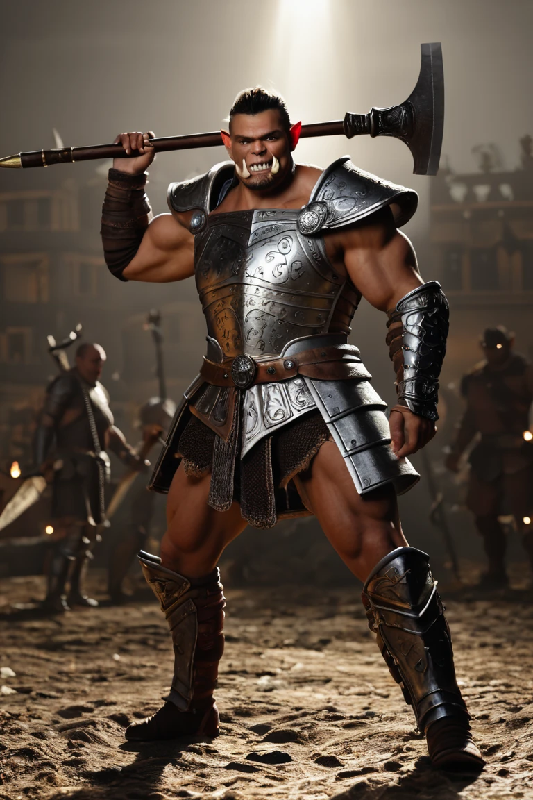 full body, Show full body, High image quality, Medieval Armored Warrior, Sunlight at 16:00pm, Hyper Real, 40-year-old fat bodybuilder, 150% more muscle weight volume, leather, tuvaluan, ugly, Sludge Master, large sword, Sturdy big sword, Bright red paint and mud splattered and dripping all over his body, Armed, WWE, Large bulge at the base of the groin, platys, big bugle, muddy ground,